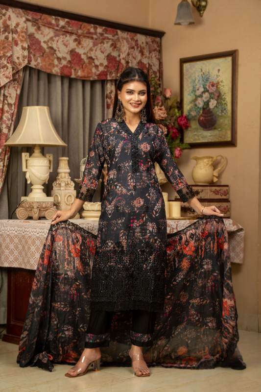 New Readymade Eid Collection Girls Cotton Skinprint Embroidery Lace Work Salwar Kameez | Three Piece 09