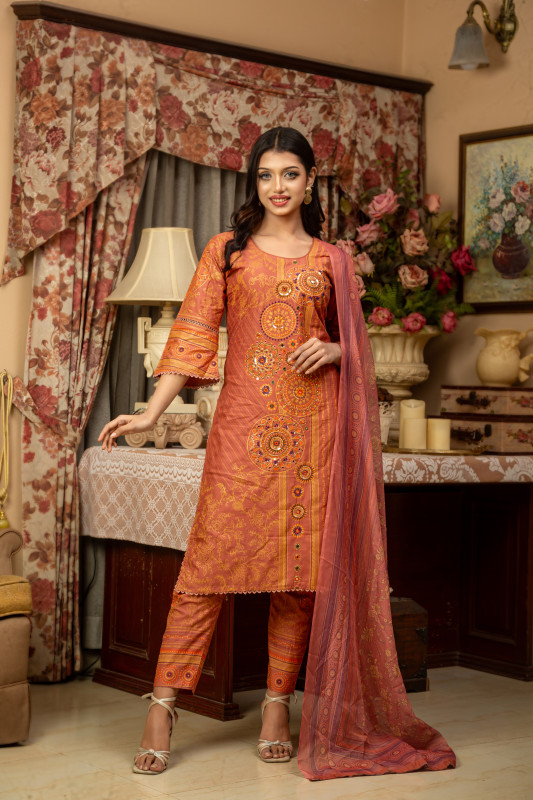 New Readymade Eid Collection Girls Cotton Skinprint Embroidery Lace Work Salwar Kameez | Three Piece 1